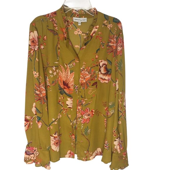 Gibson Latimer Tops - Gibson + Latimer Blouse Womens XL Green Floral Ruffle Cuff Mock Neck Boho Top